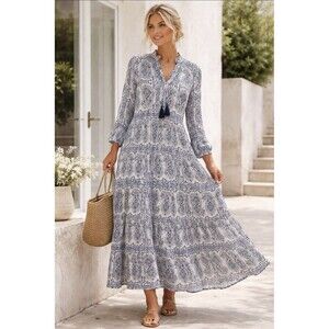 VICI Blue White Paisley Boho Maxi Paisley Tiered Coastal Flowy Dress Medium